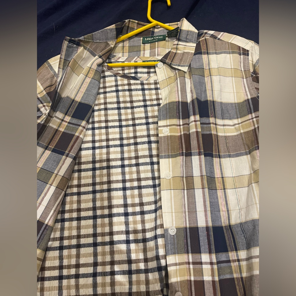 Lemon Grass Studio women’s Plaid Button-Down Shirt in Brown, Beige and Navy shir